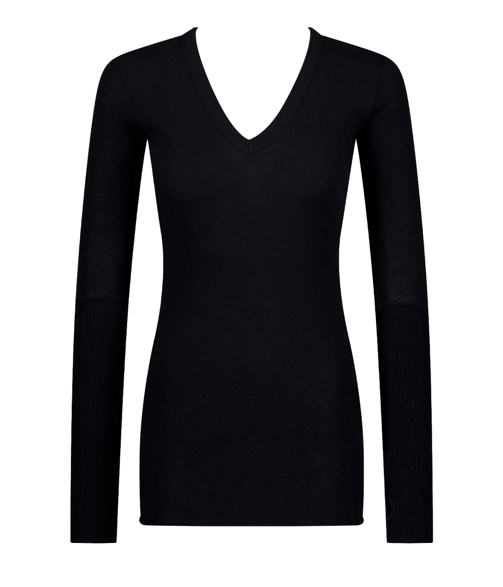 Cashmere V Neck Fitted Long Sleeve Top in Black Calexico
