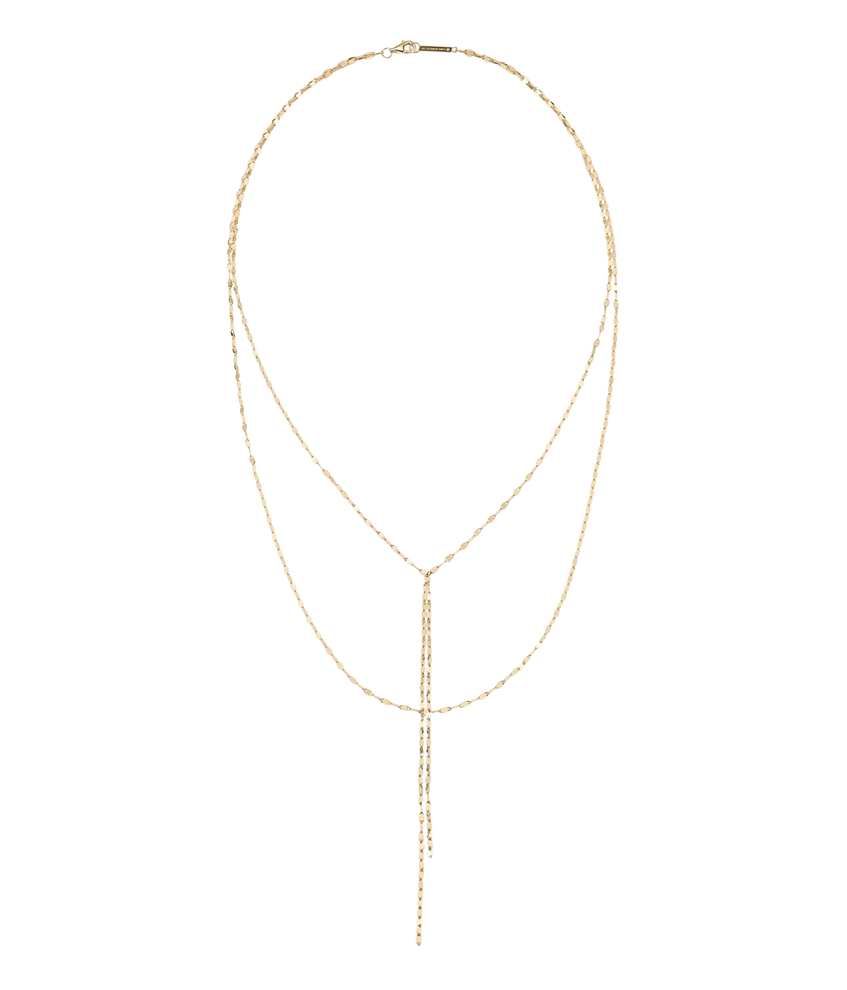 LANA Blake Necklace in Yellow Gold laid flat, showing two layered chain strands with a long lariat drop of elongated links down the centre