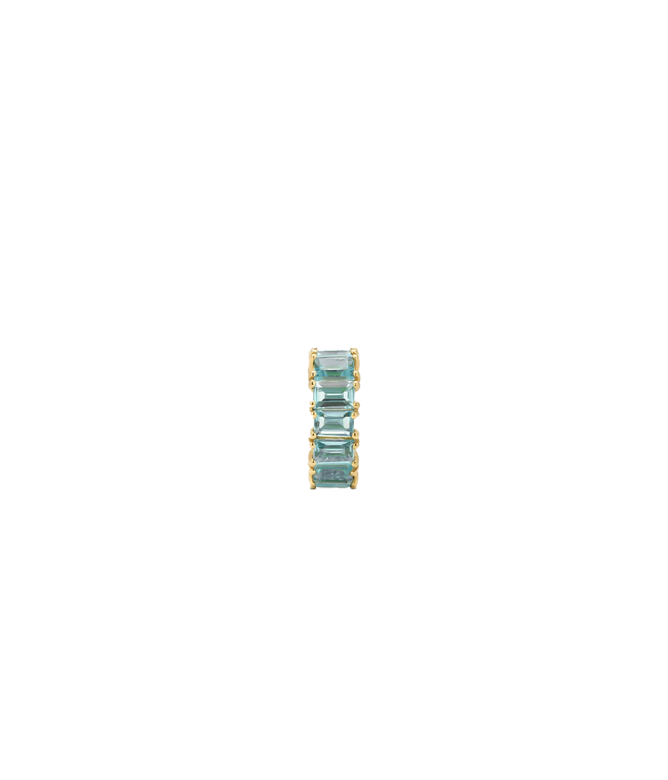 A slim gold-plated ring featuring a vertical stack of four rectangular-cut light blue gemstones, centered on a plain white background.