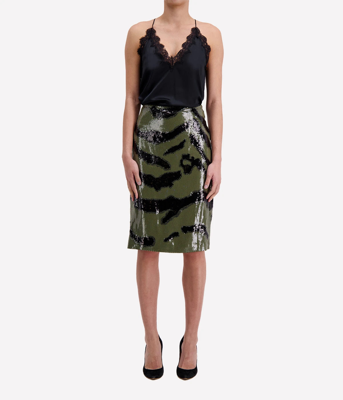 Bonne Zebra Sequin Skirt in Army Green & Black