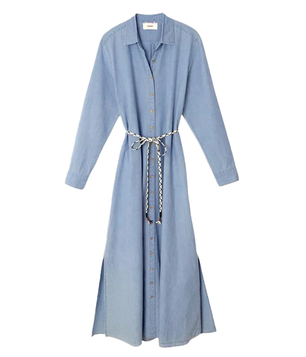Dusty blue chambray maxi A-line shirt dress with pleated back, side pockets, and jacquard motif waist tie.