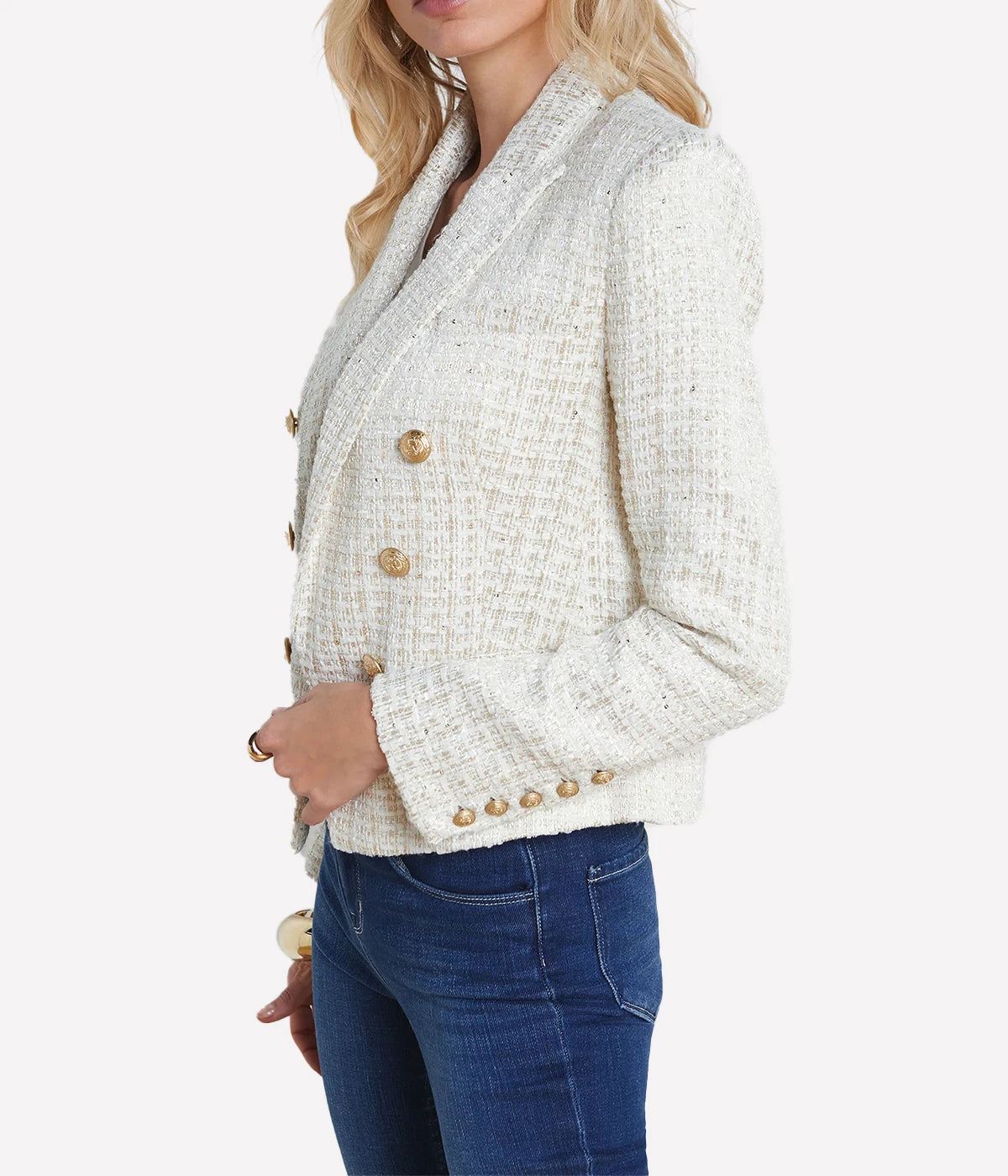 Brooke Double Breasted Crop Blazer in Ivory & Light Gold