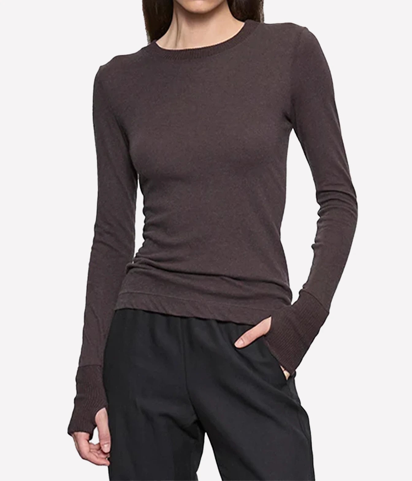 Cashmere Easy Cuffed Crew in Dark Brown