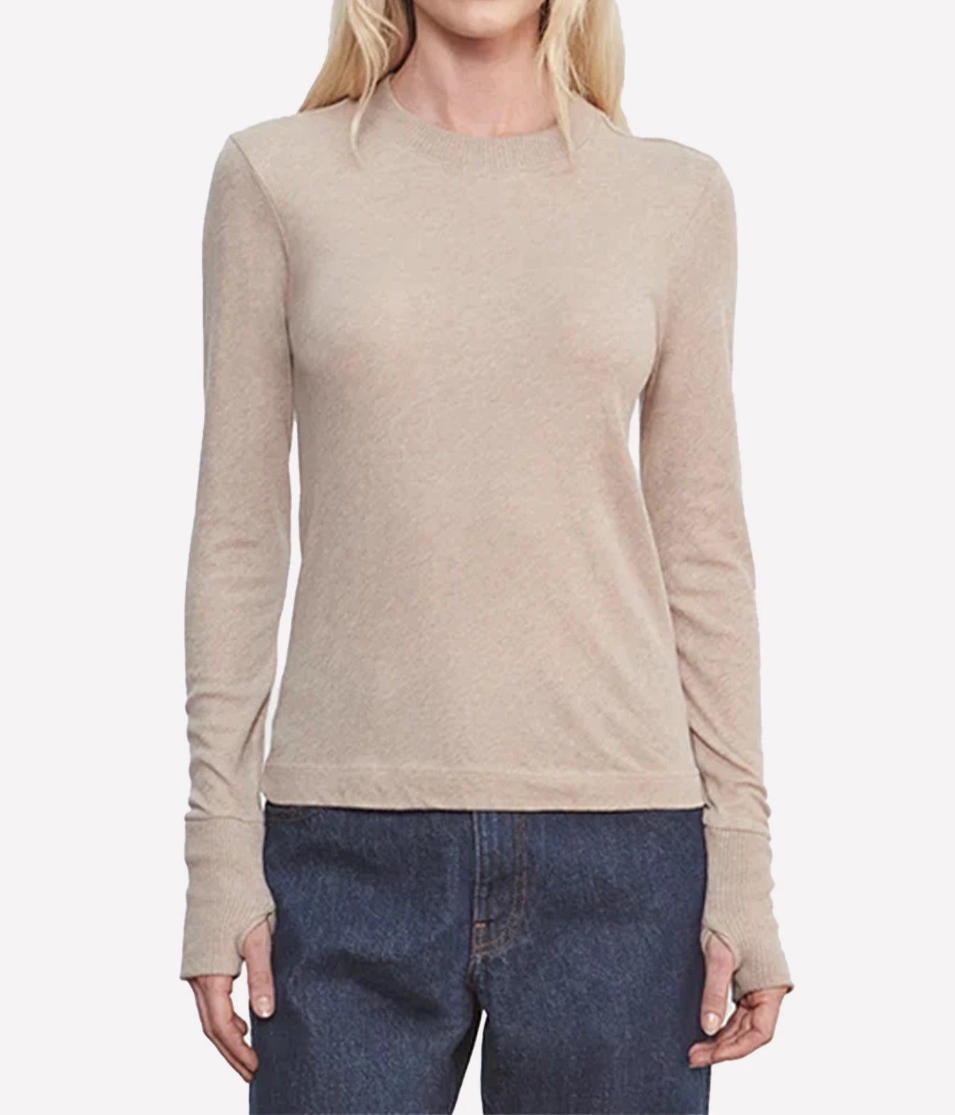 Cashmere Easy Cuffed Crew Top in Khaki