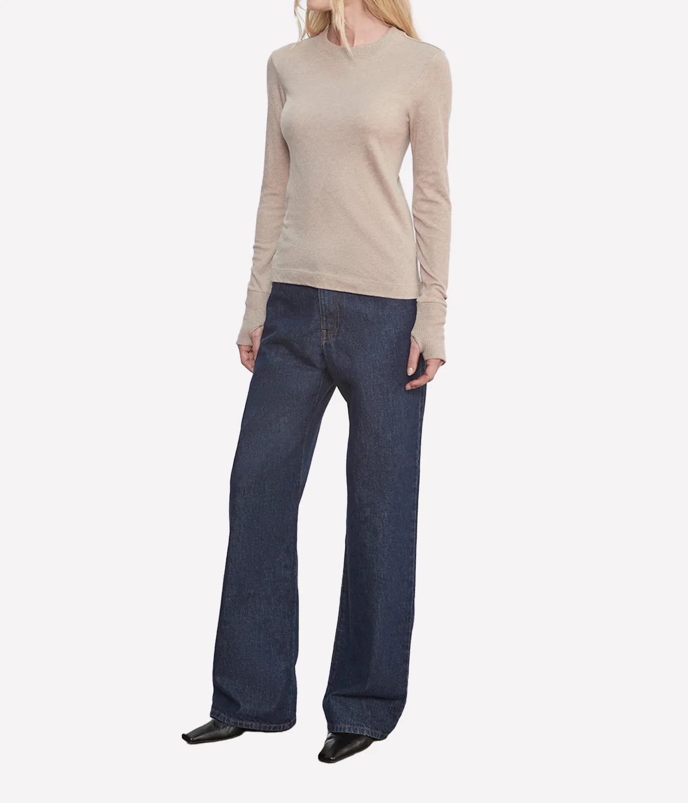Cashmere Easy Cuffed Crew Top in Khaki
