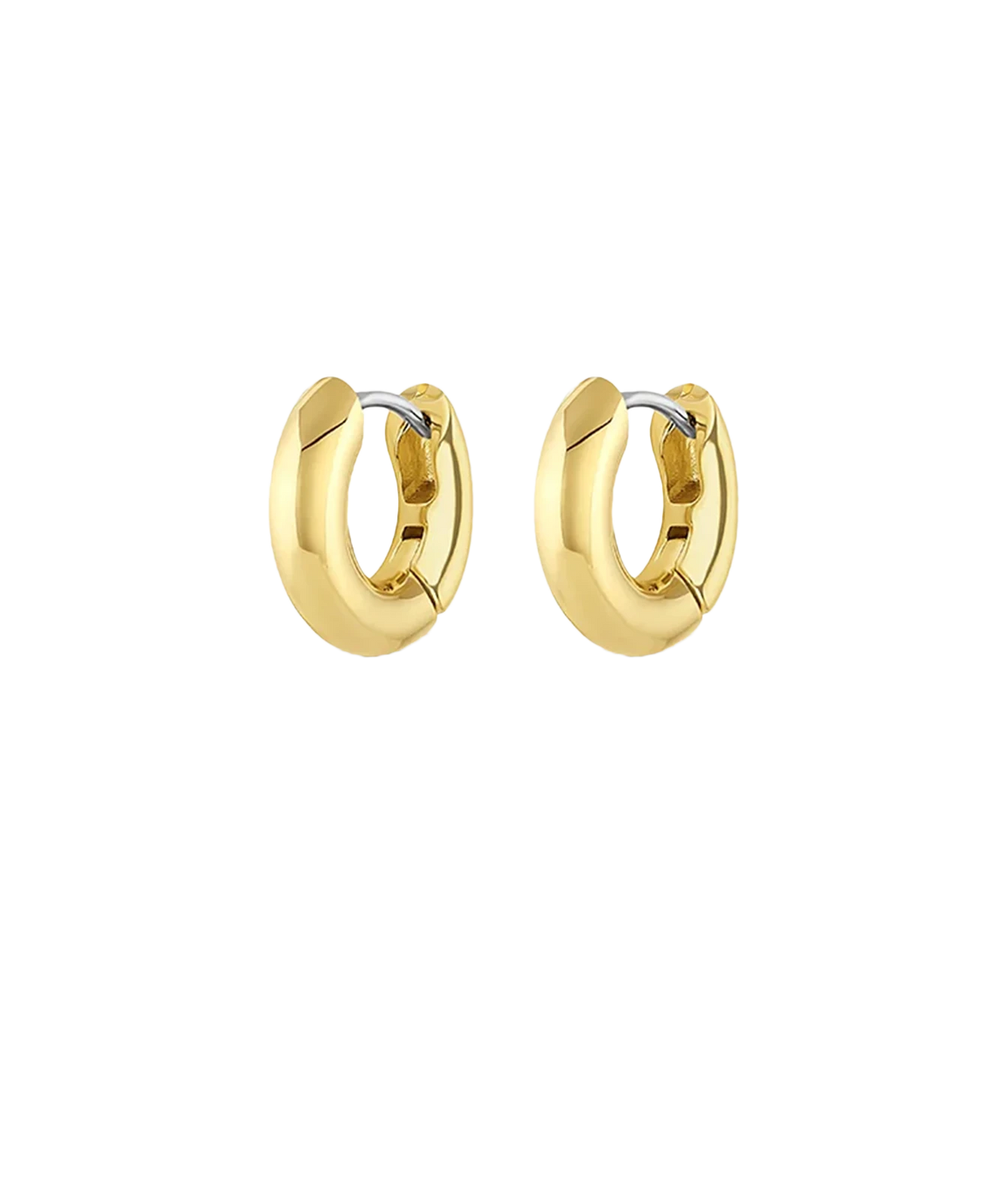 Pair of Gorjana Lou Huggies in Yellow Gold shown from the front, displaying the chunky, rounded tube shape