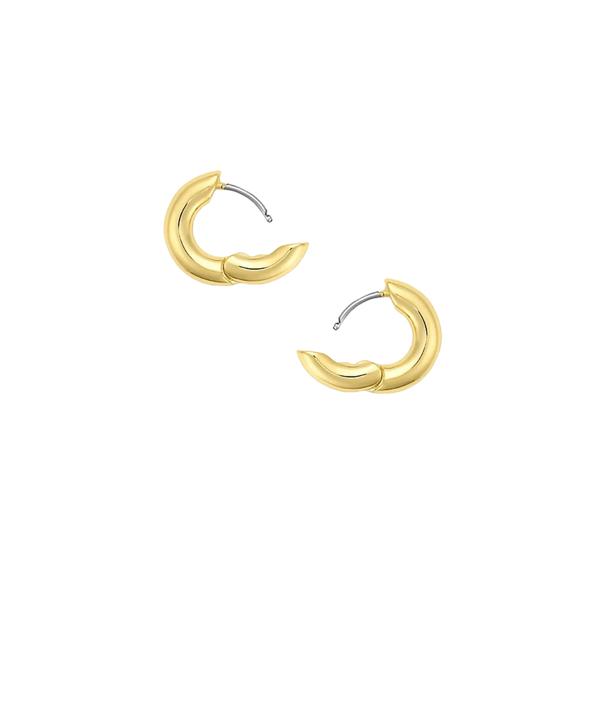 Pair of Gorjana Lou Huggies in Yellow Gold laid at an angle, showing the side profile and hinged closure