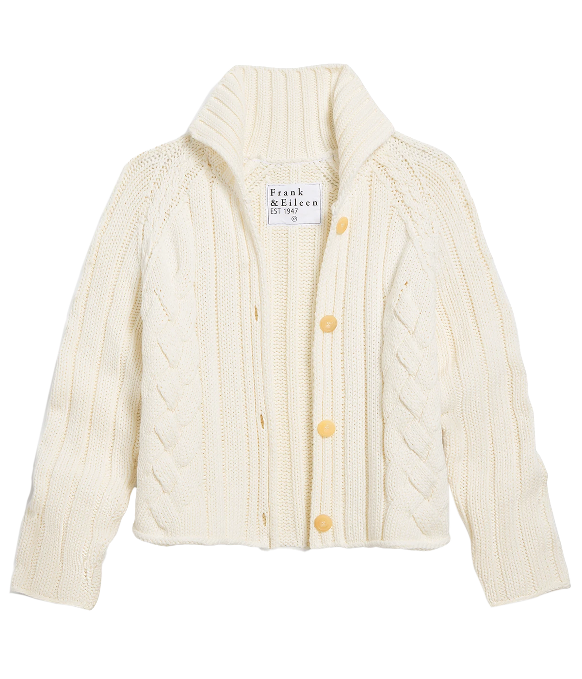 ALT Text: Ivory cotton cardigan by Frank & Eileen with an open-front design and relaxed fit.