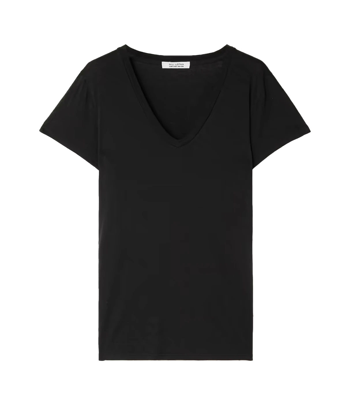 ALT Text: Nili Lotan Carol T-shirt in faded white cotton-jersey, featuring a V neckline and relaxed fit, ideal for casual styling with denim and accessories.
