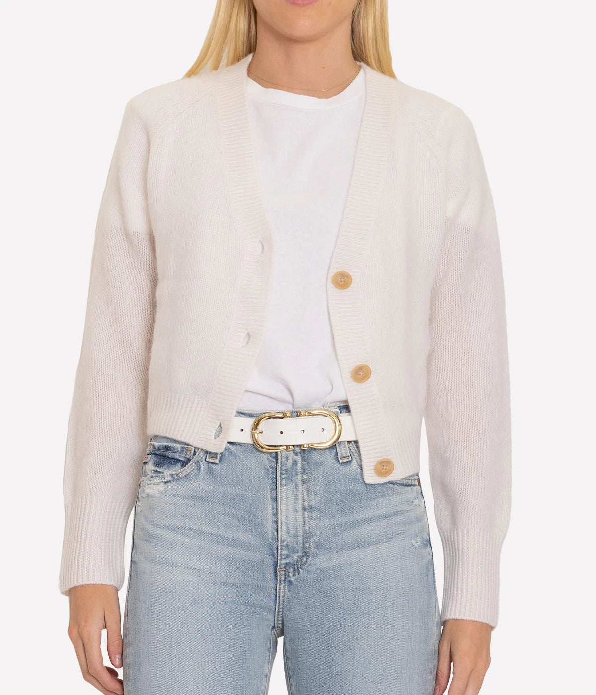 Cashmere Featherweight Button Cardigan in Soft White