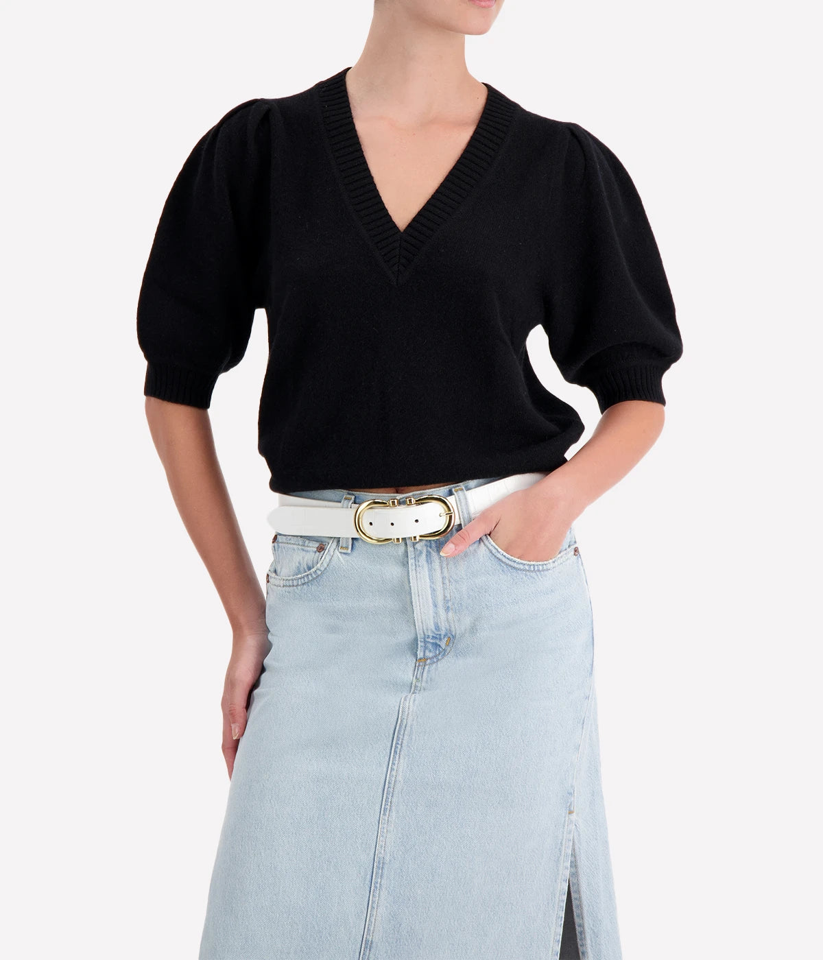Cashmere Puff Sleeve V Neck in Black