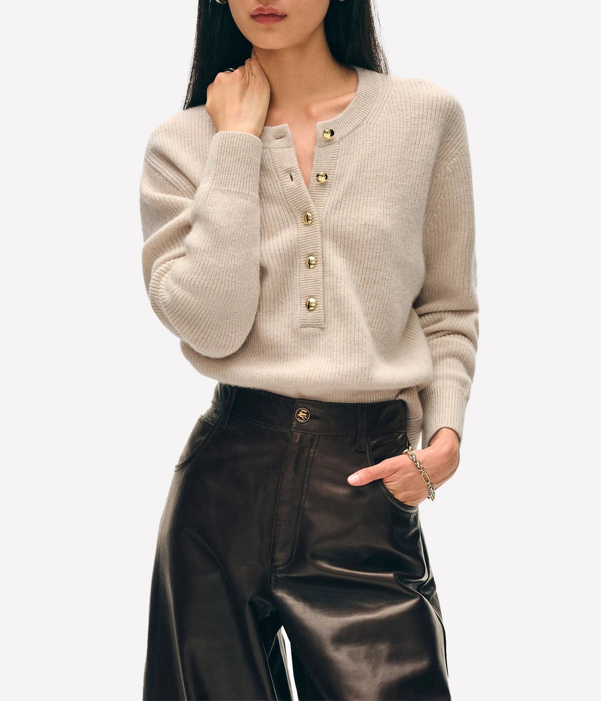 Cashmere Ribbed Button Henley in Natural Heather