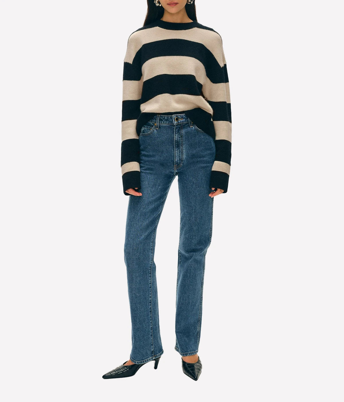 Cashmere Striped Crewneck in Black Natural