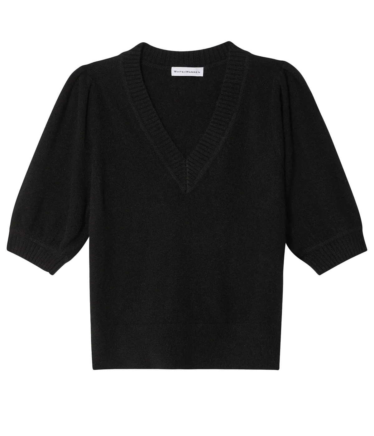 Cashmere Puff Sleeve V Neck in Black