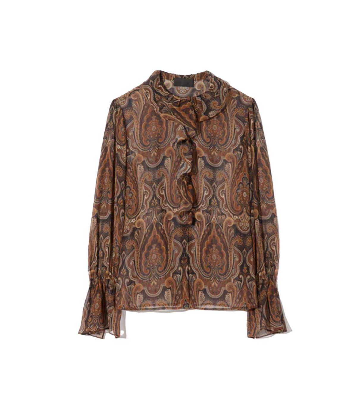 ALT text: Relaxed button-up top in Italian silk chiffon with ruffle details at the collar, shirring at the back yoke, and tie cuffs.