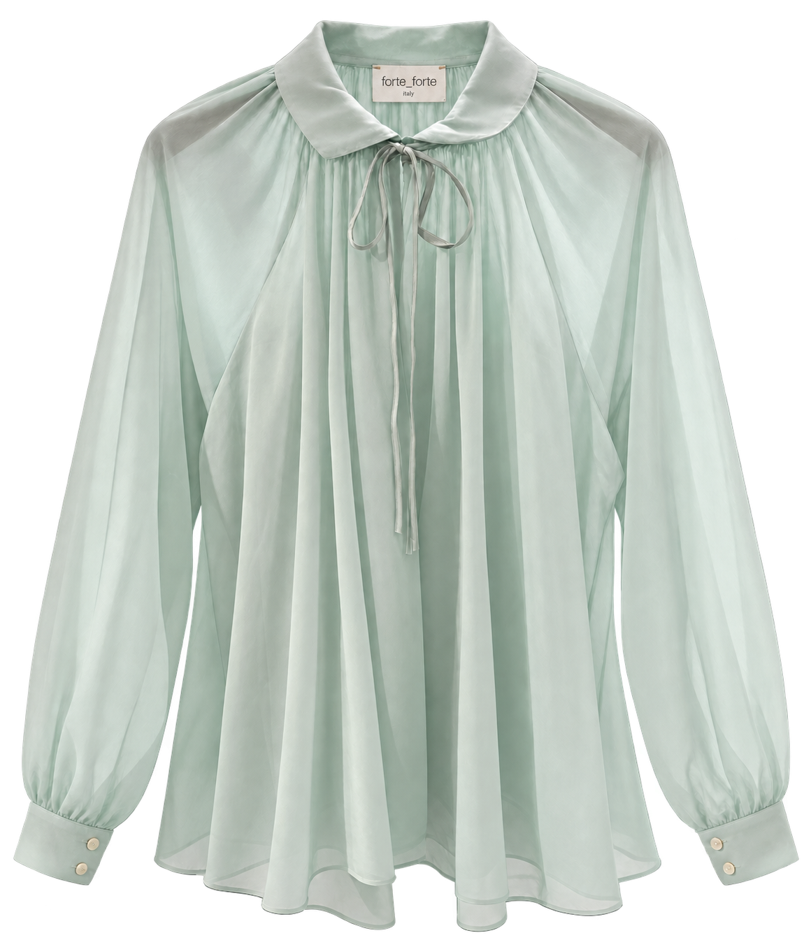Front product view of the Forte Forte voile bohemian shirt in Celadon, a pale green shirt with a rounded collar, velvet ribbon tie and gathered front.