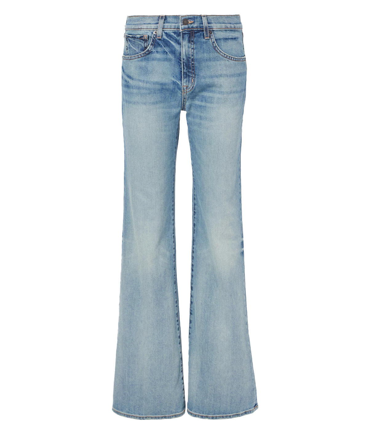 ALT text: Mid-rise flare leg jeans in Japanese stretch denim with five-pocket details and a zip fly closure.