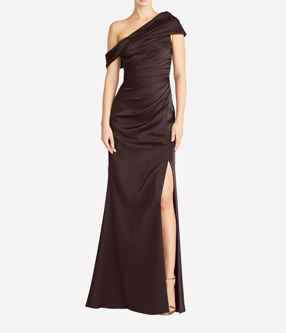 Celia One Shoulder Draped Gown in Chocolate