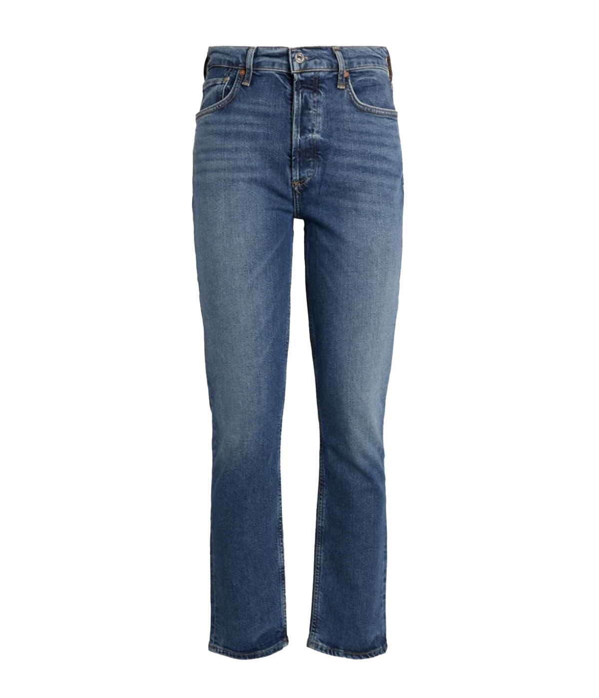  An everyday straight leg jean, in a medium dark wash denim, with button and zip closure with a crop leg.  Made in Turkey, everyday denim, rigid denim. 