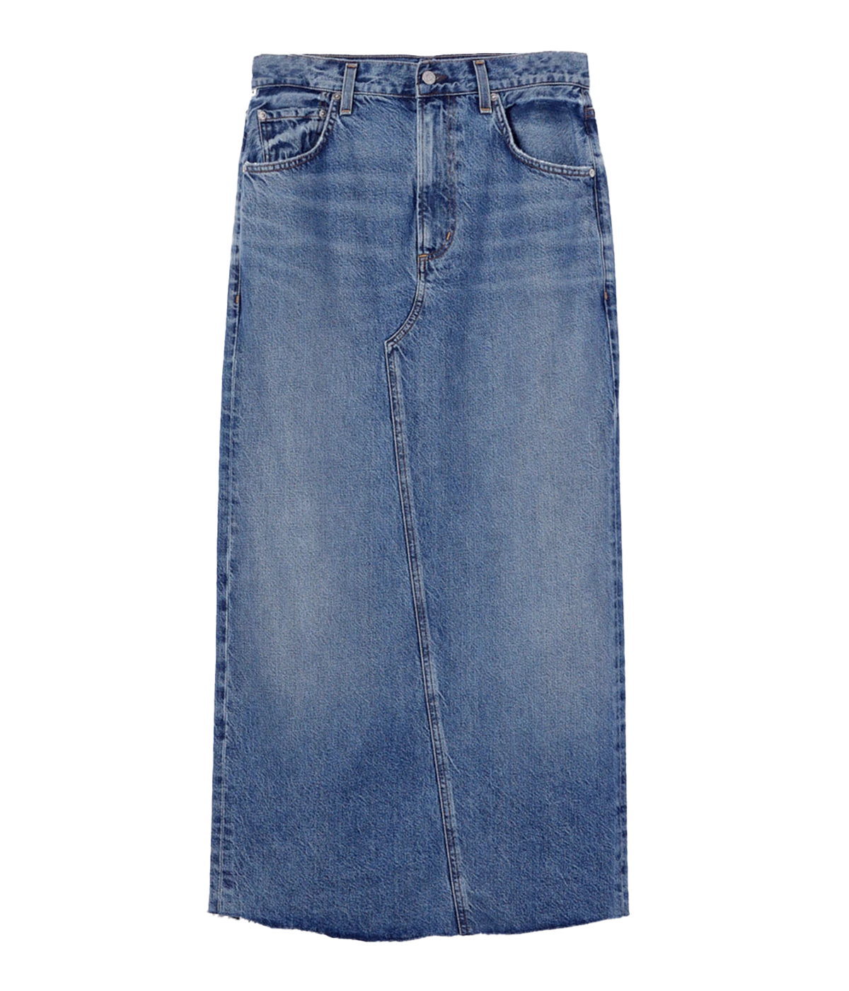 Full-length denim skirt with a raw hem and back slit detail, styled with a white tee and blazer for a modern, polished look.