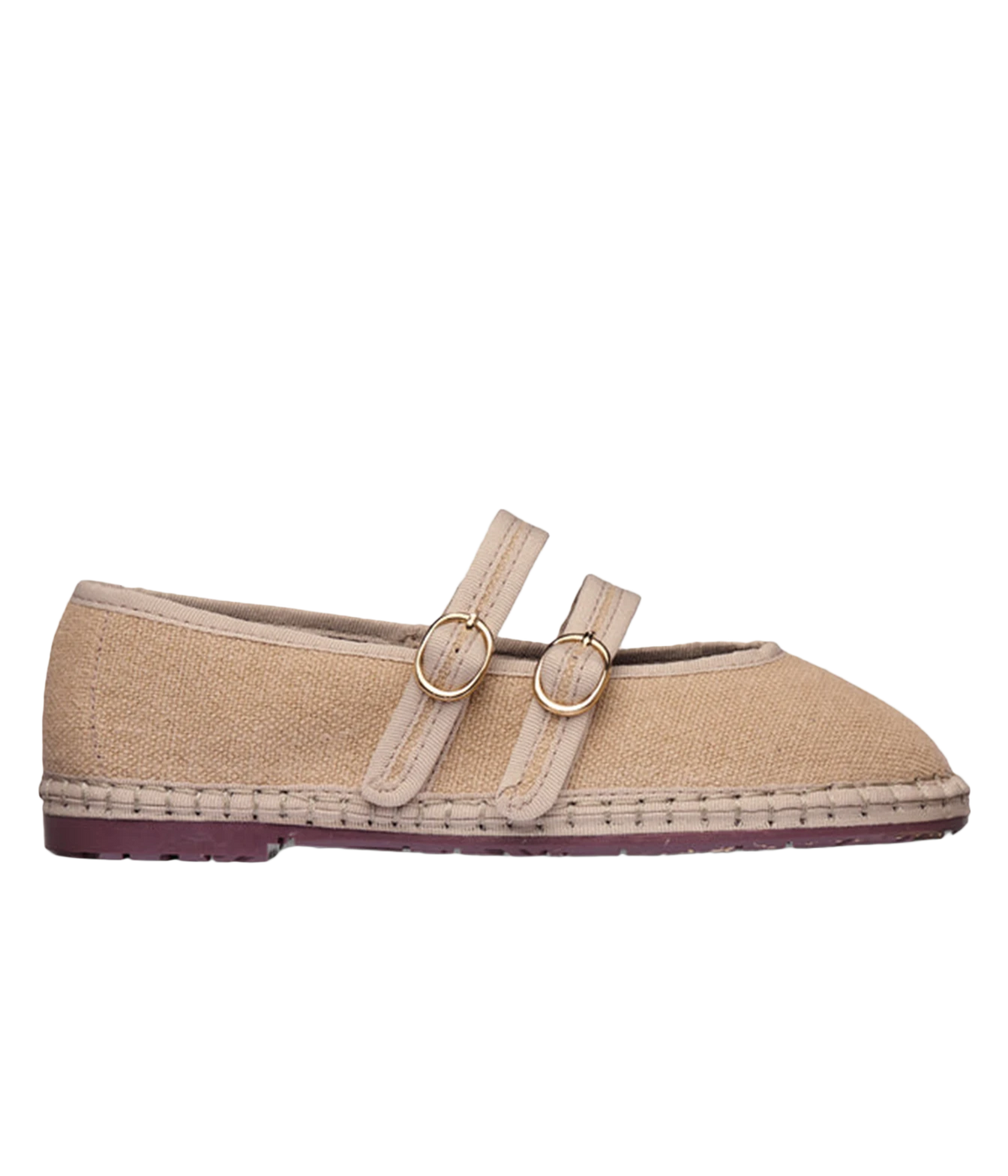 Side profile of the Flabelus Claire in Sand, showing the natural linen upper, tonal piping, double straps with buckle fastenings and recycled rubber sole