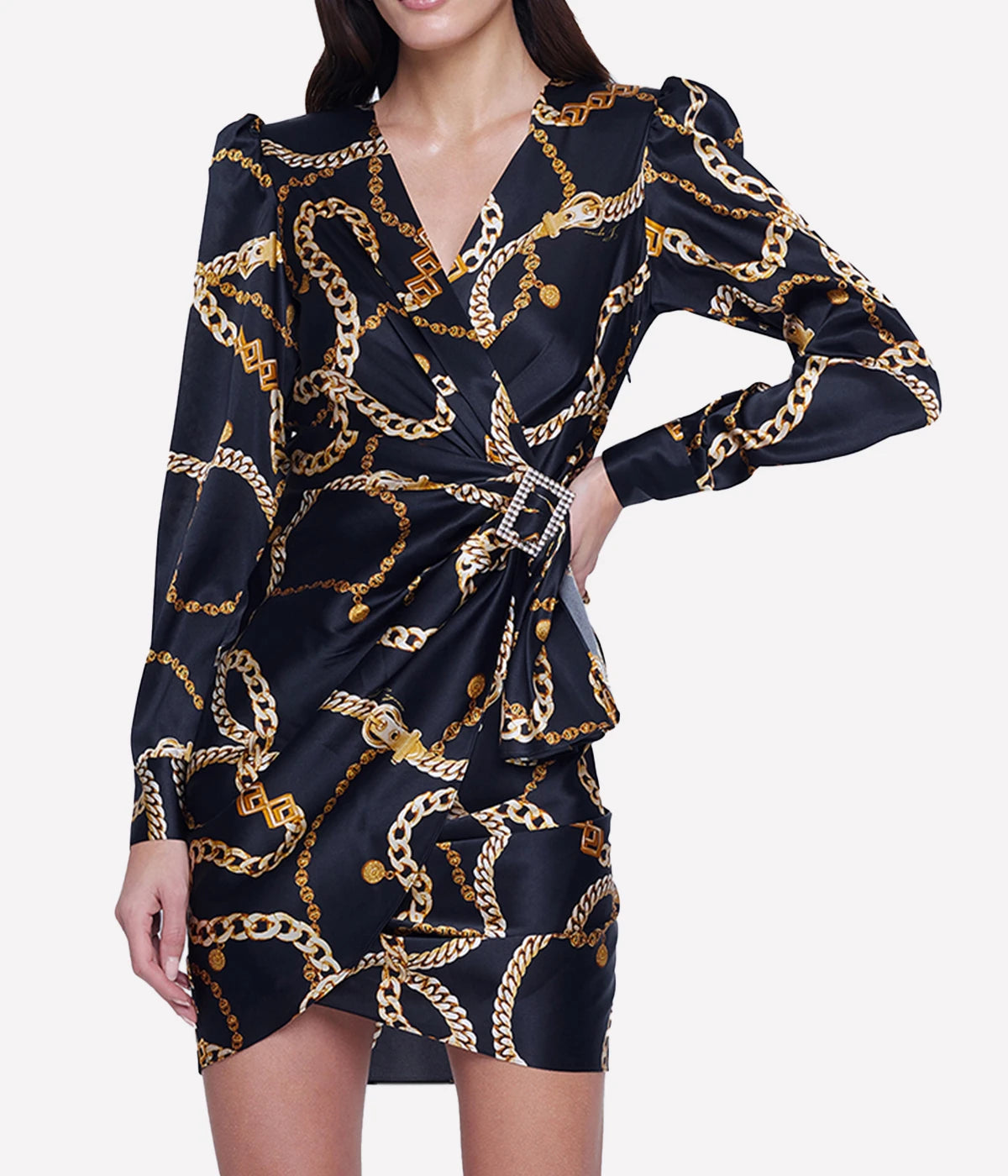 Clarice Wrap Dress in Black & Gold Classic Chain