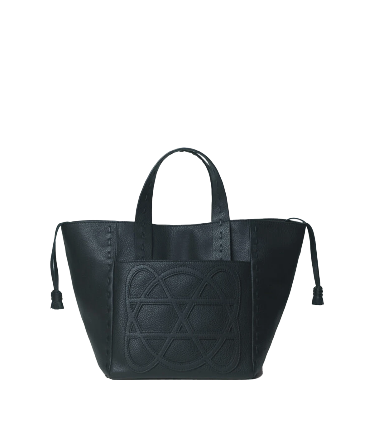 An everyday small tote bag in black, featuring 100% calf leather, logo patch on pocket,  weaved handles, removable adjustable shoulder strap, canvas lined, internal pocket, zip closure, woven hand stitch detail, tassel. Made in Greece, luxury leather, everyday work bag, mum bag throw on and go, Loewe inspired bag. 