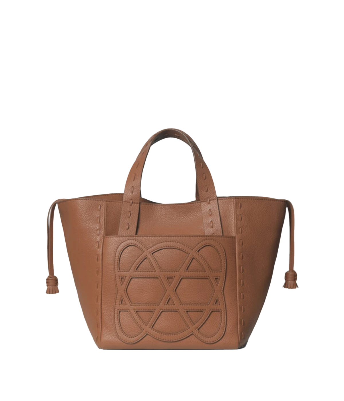 An everyday small tote bag in caramel, featuring 100% calf leather, logo patch on pocket,  weaved handles, removable adjustable shoulder strap, canvas lined, internal pocket, zip closure, woven hand stitch detail, tassel. Made in Greece, luxury leather, everyday work bag, mum bag throw on and go, Loewe inspired bag. 