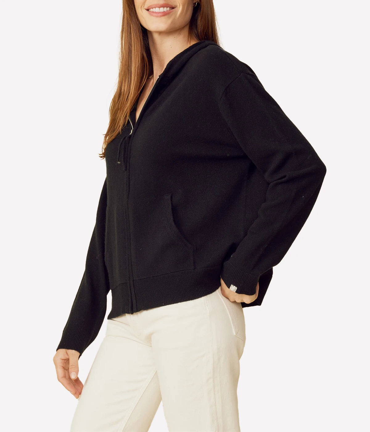 ALT Text: Cashmere Full-Zip Hoodie in a versatile design, featuring a full zip and comfortable pockets for lightweight, year-round wear.