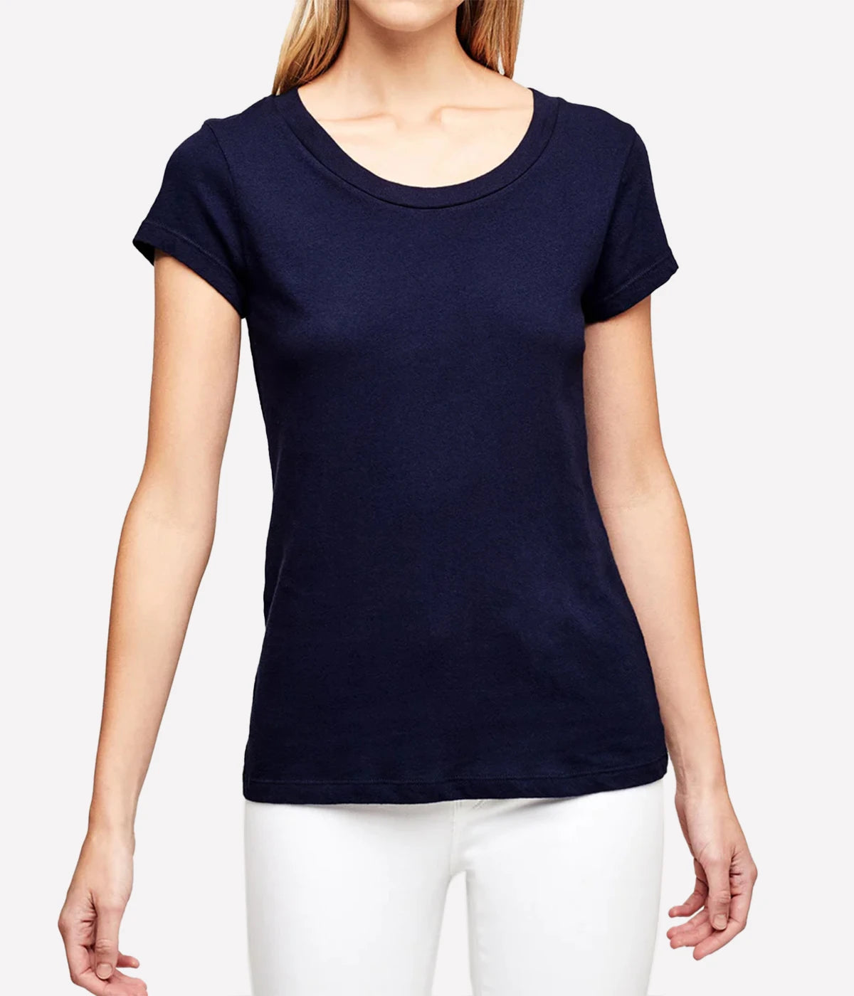 Classic navy Cory tee featuring a scoop neckline, short sleeves, and a slim fit, made from ultra-soft cotton.