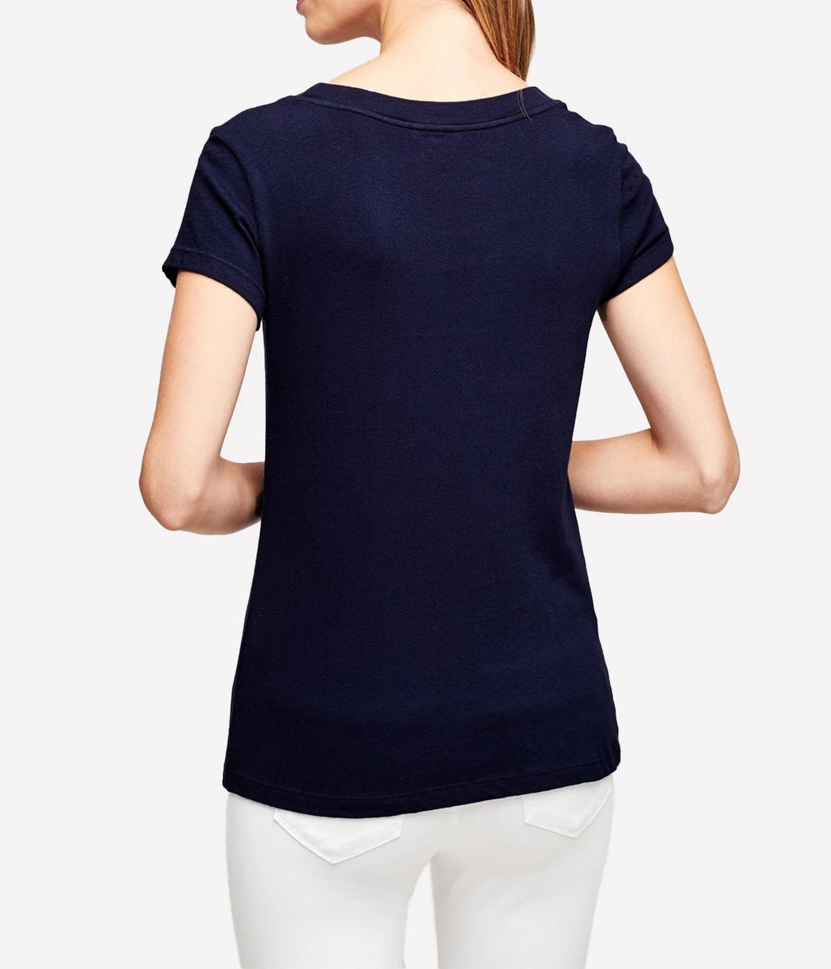 Classic navy Cory tee featuring a scoop neckline, short sleeves, and a slim fit, made from ultra-soft cotton.