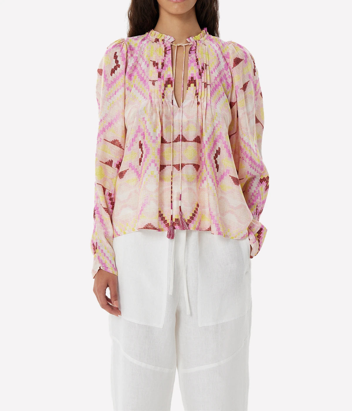 ALT Text: Cramer Cora Blouse in Pink Vision, showcasing its lightweight cupro voile fabric and elegant drape in a soft pink hue.