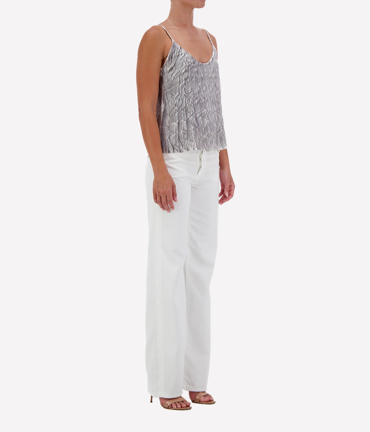 Crinkled Effect Silk Tank Top in Fango