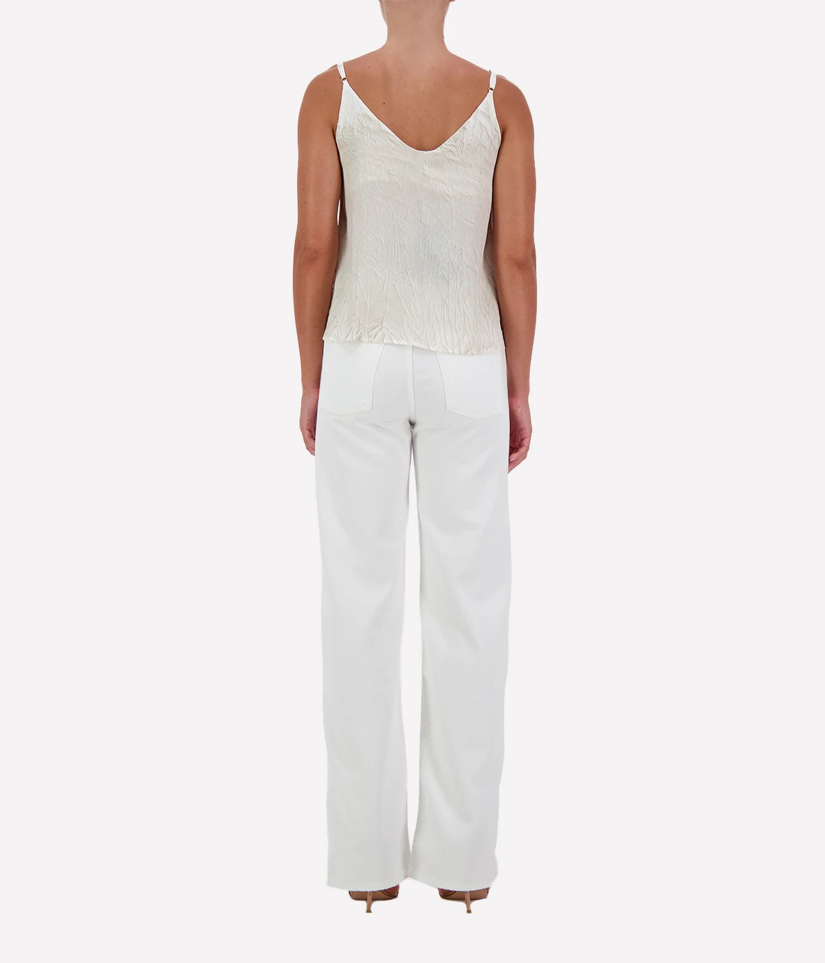 Crinkled Effect Silk Tank Top in Taupe