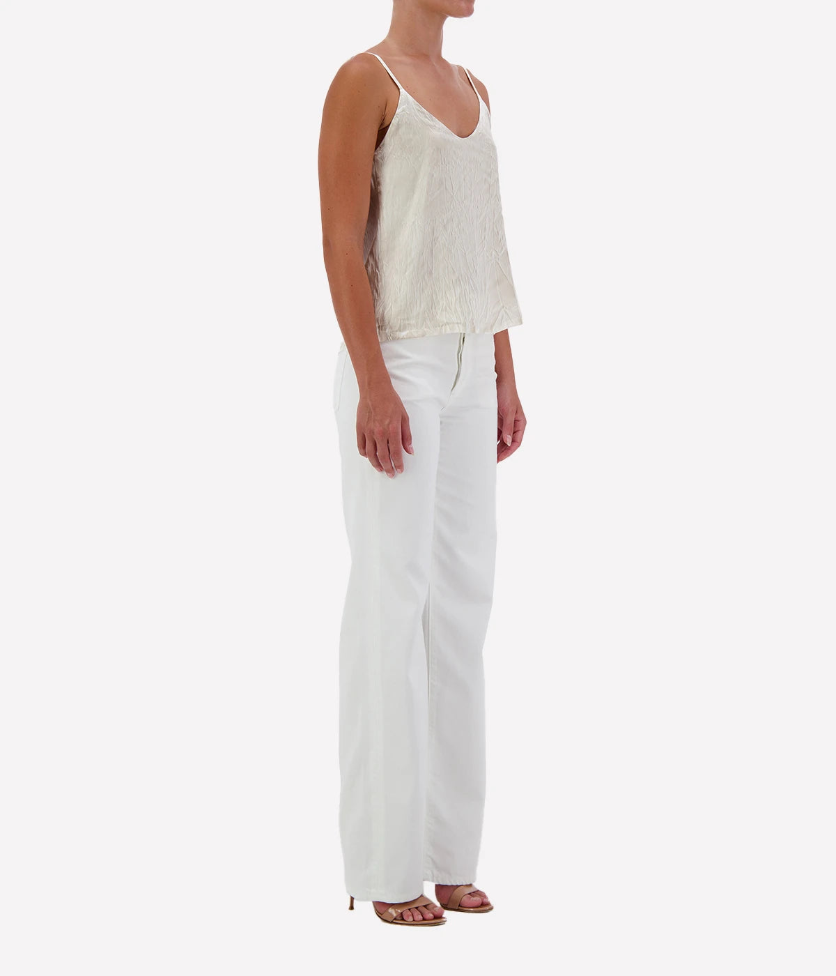 Crinkled Effect Silk Tank Top in Taupe