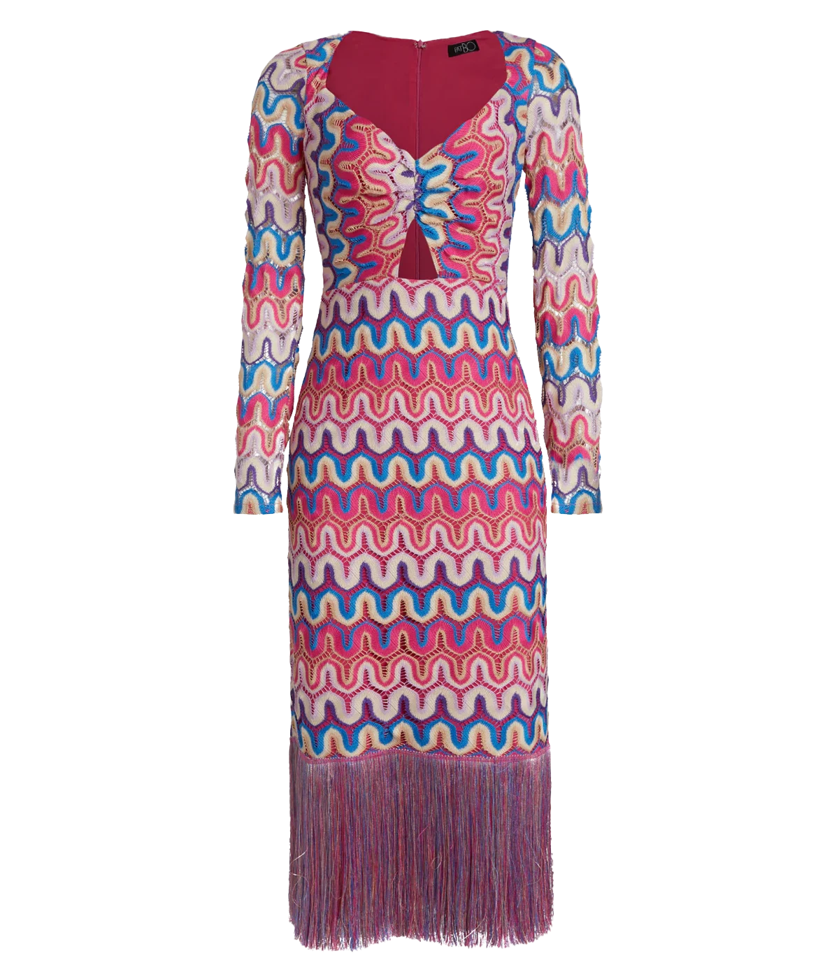 Crochet Cut-Out Fringe Midi Dress in Pink Multi