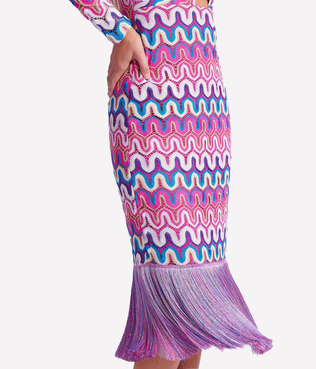 Crochet Cut-Out Fringe Midi Dress in Pink Multi