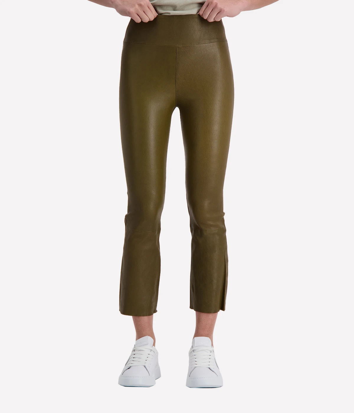 Crop Flare Leather Legging in Moss