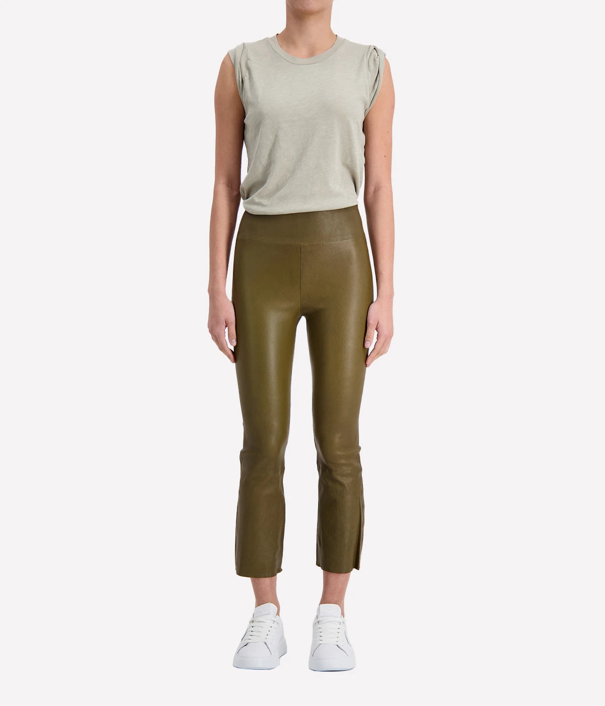 Crop Flare Leather Legging in Moss