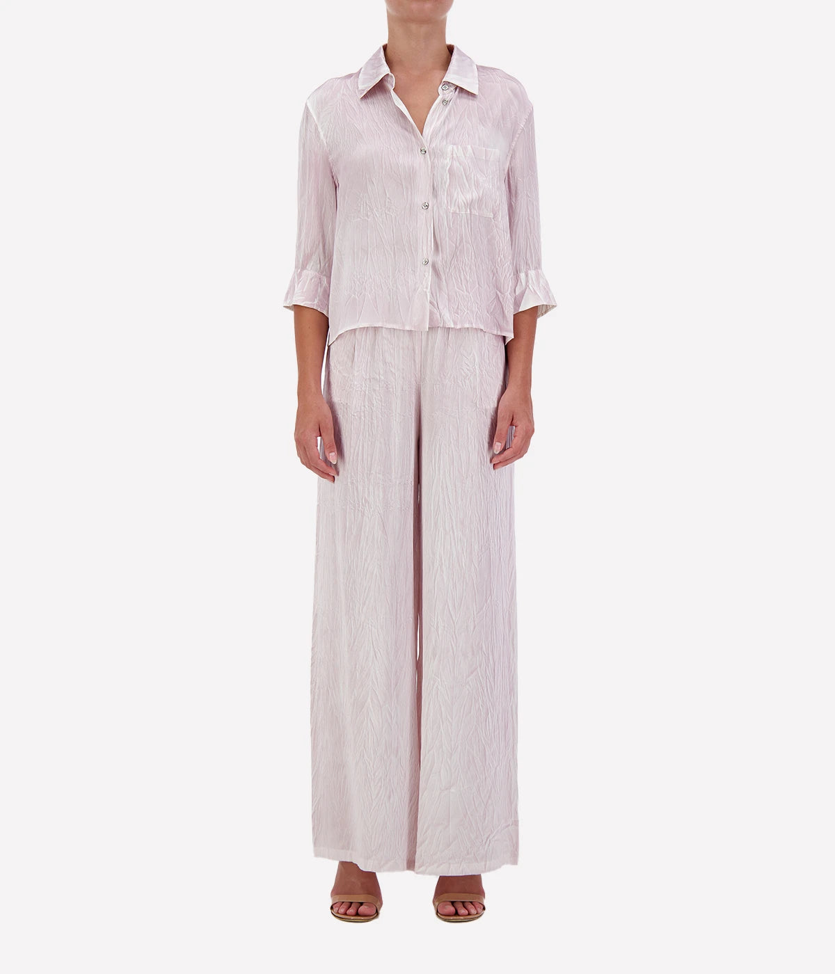 Crumpled Effect Stretch Silk SS Shirt in WISTERIA