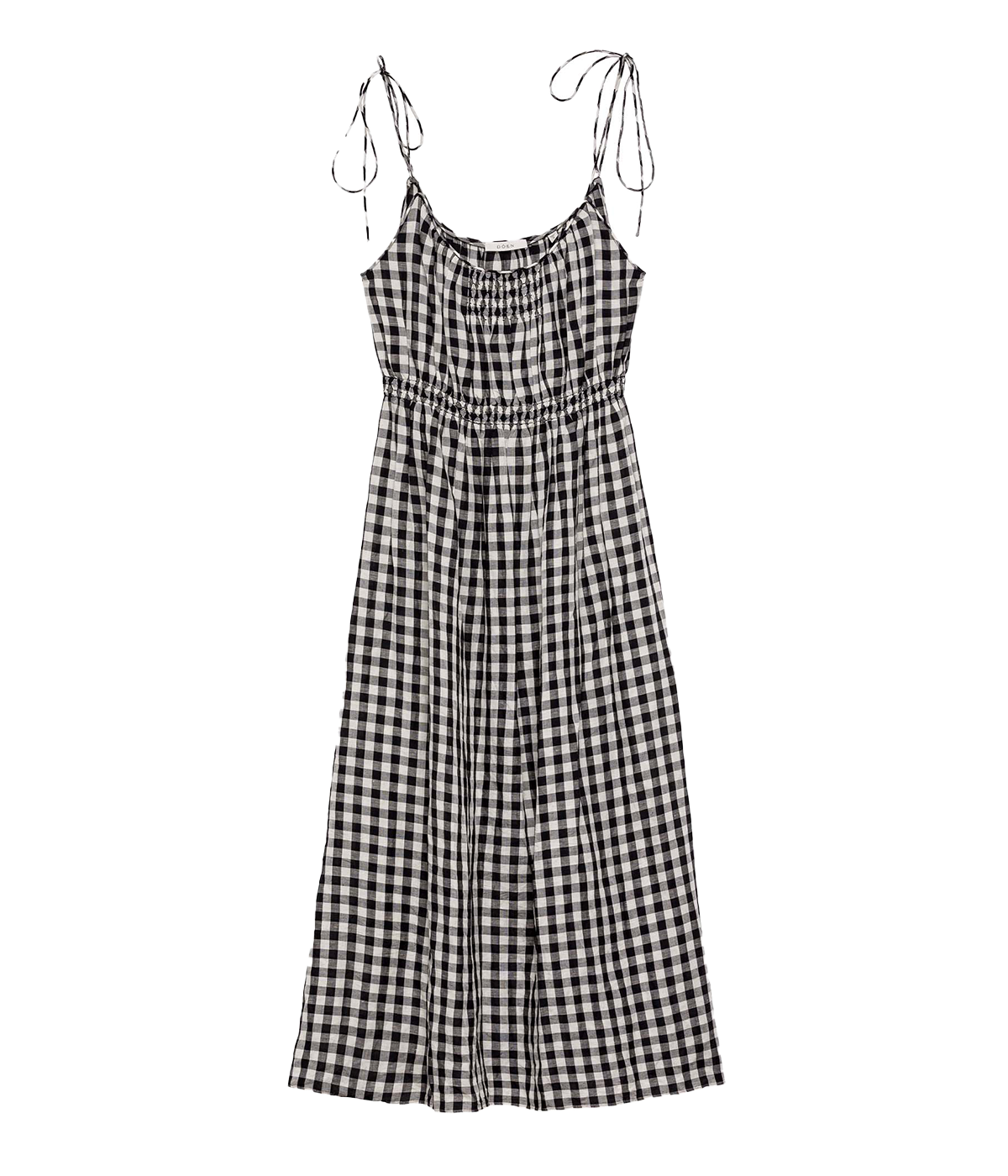 ALT text: Gingham sundress with adjustable shoulder ties, elasticised waist, and A-line silhouette.