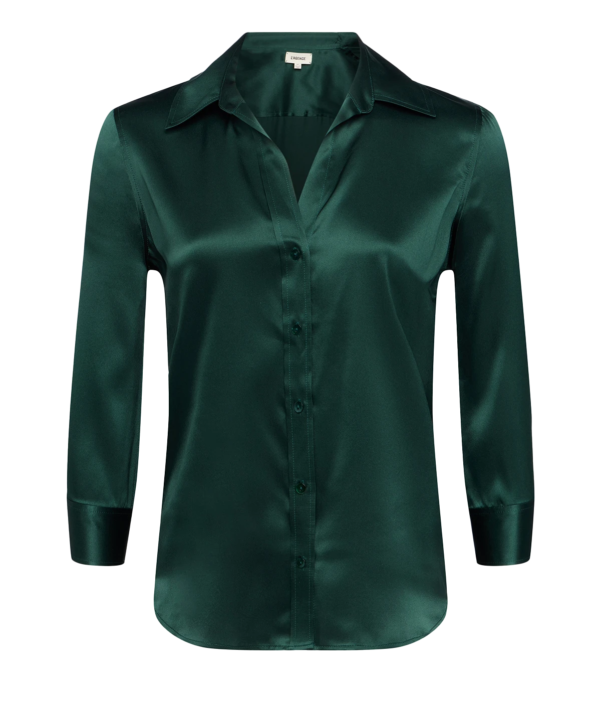 A  three quater sleeve 100% silk blouse in forest green colourway. Luxury materiall, made in USA, 100% silk, bra friendly, comfortable. 