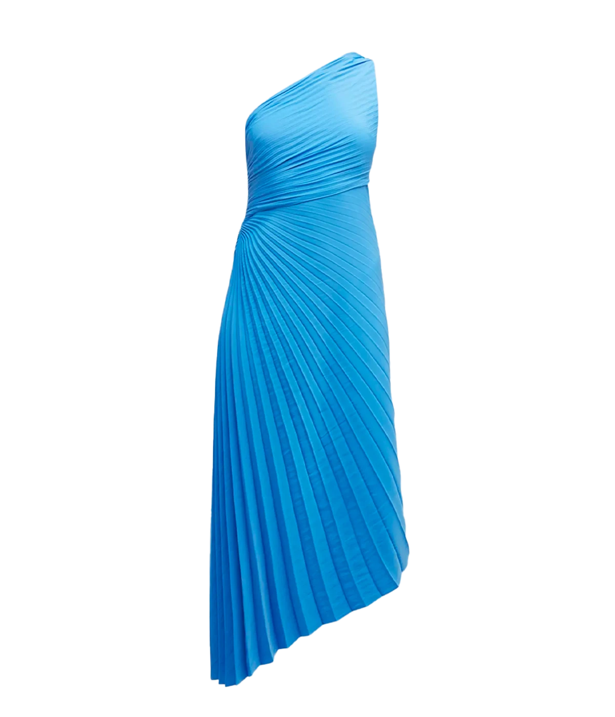 ALT text: Blue silk satin one-shoulder dress with high-low hemline and asymmetric sunburst pleating.