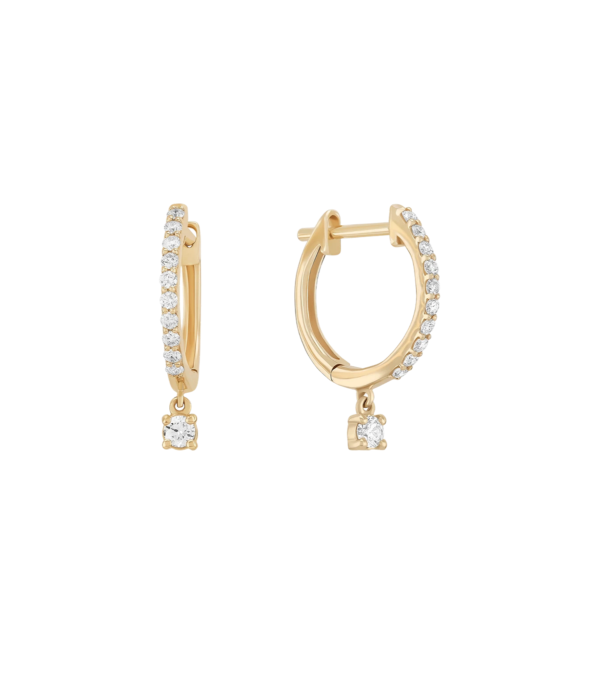LANA Diamond Dangle Huggies in Yellow Gold shown as a pair, with pavé diamond huggie hoops and a single small diamond drop hanging from each