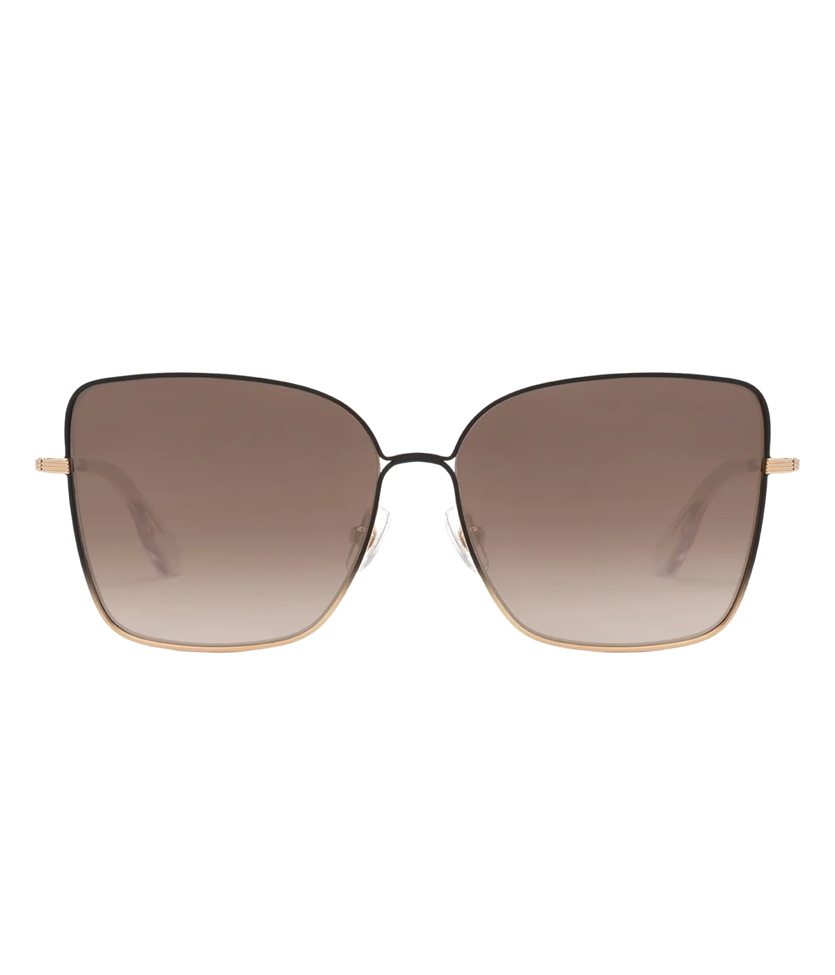 Front view of the KREWE Dolly Sunglasses in Matte Black Fade, showing the oversized square frame fading from black to gold and brown gradient lenses