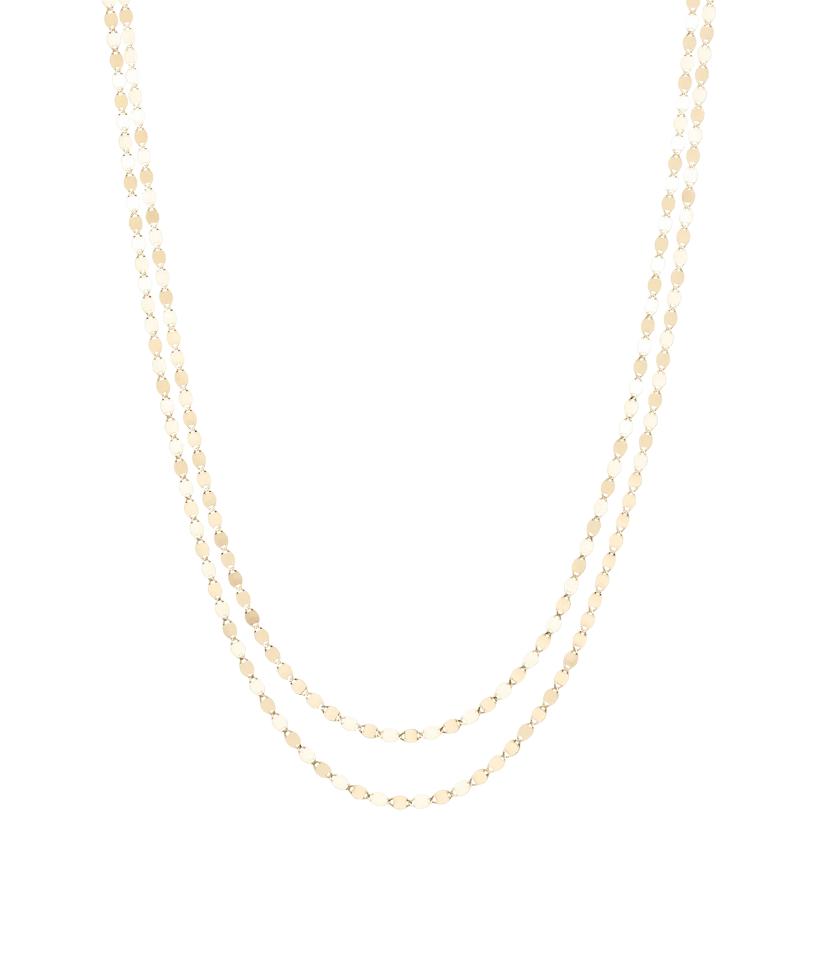 LANA Double Strand Petite Nude Necklace in Yellow Gold laid flat, showing two fine strands of Petite Nude chain with the lower strand sitting slightly longer