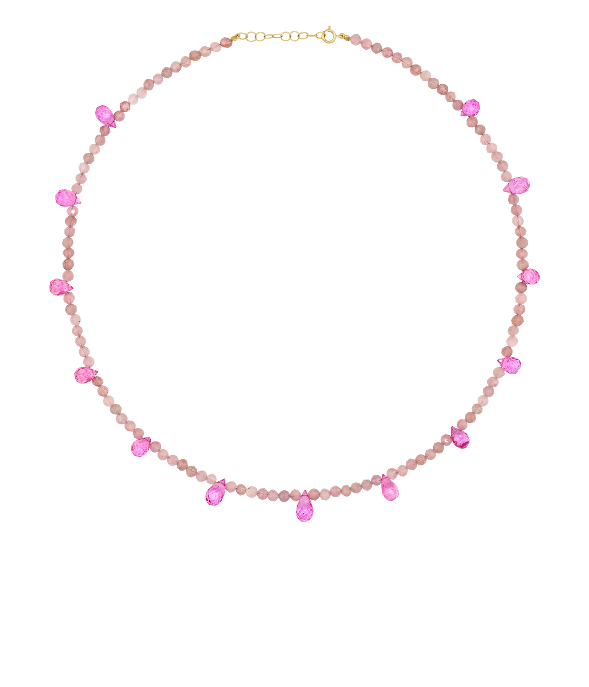 JIA JIA Arizona Rose Quartz & Pink Topaz Gem Drop Necklace in Pink laid flat in a full circle, with soft pink rose quartz beads and small bright pink topaz drops spaced around the strand, finished with a gold chain extender