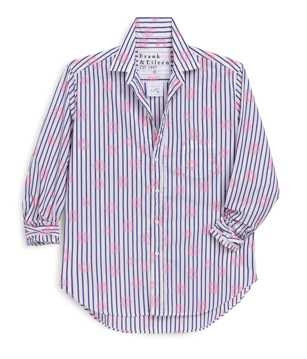 Eileen Woven Button-Up Shirt in Pink Flowers Blue Stripe