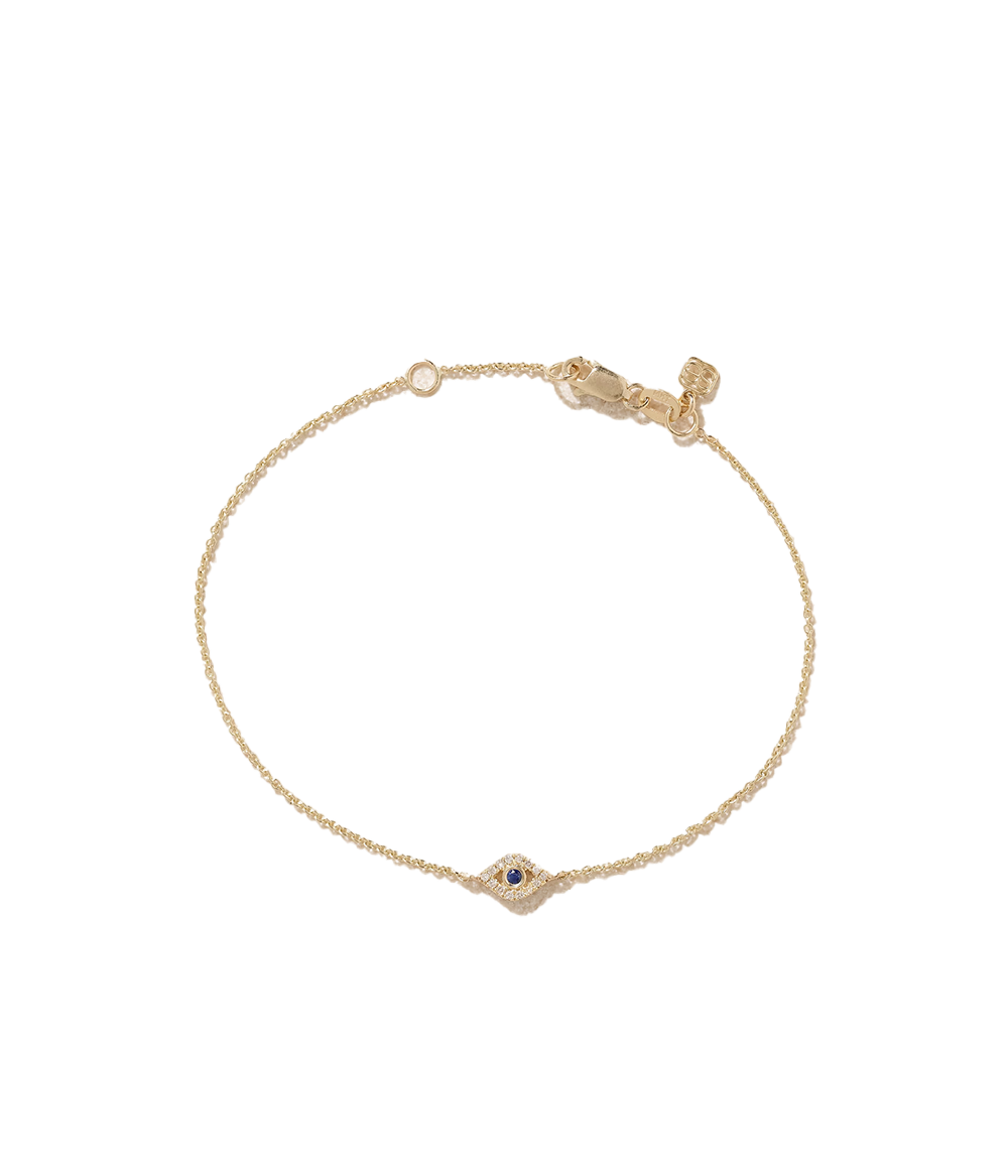 ALT text: Evil Eye bracelet with gold chain and charm by Sydney Evan