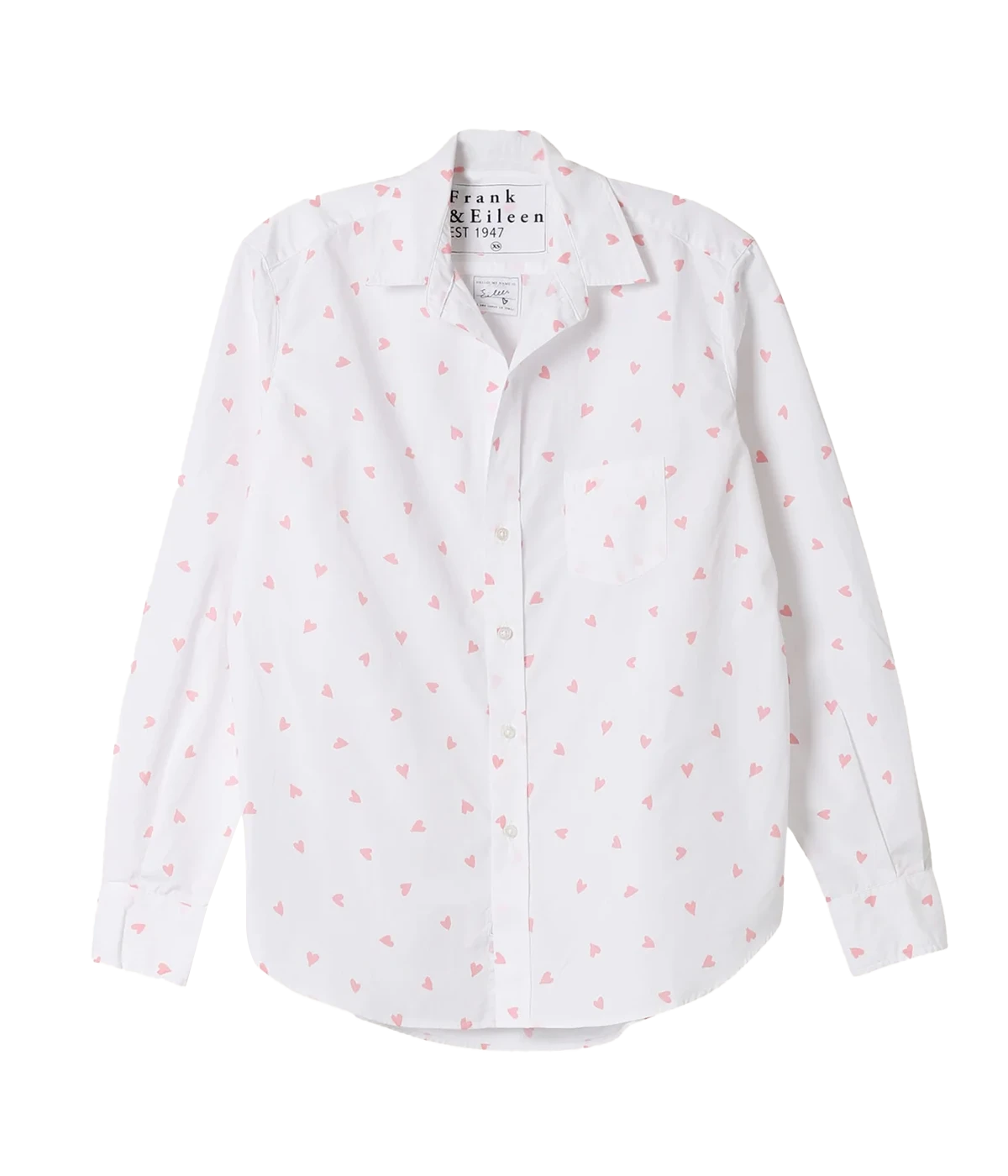 Frank and Eileen’s bestselling Eileens shirt crafted from 100% Italian Cotton. A white long sleeve button up shirt with scattered pink hearts, the hem of this bra-friendly wash and wear shirt is long enough to cover your bum. Adorned with a chest pocket and no back pleat, the bust-flattering button placement and soft, round shoulder looks great on every body!   